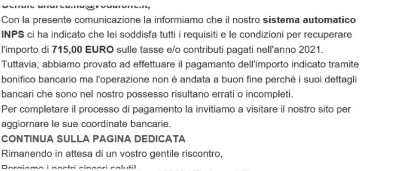 Testo della mail truffa